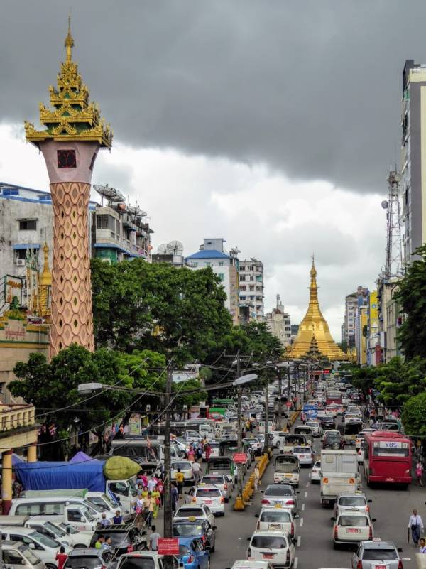 Busy street in Yangon, packed with pagodas!