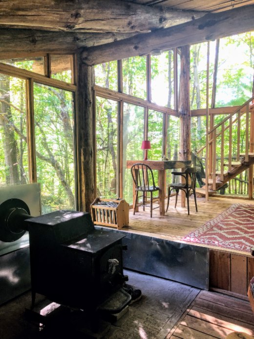 wood stove in airbnb cabin