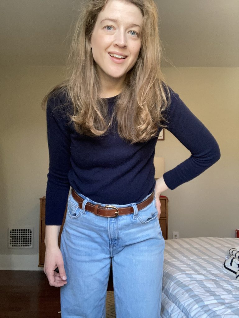 Quince Mongolian Crewneck Sweater with Quince Comfort Stretch High Rise Relaxed Straight Jeans